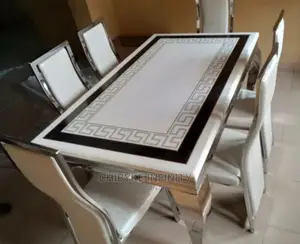 Classic Marble Top Dining Table With 6 Leather Chairs