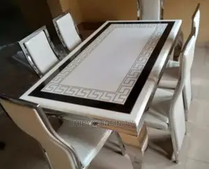 Classic Marble Top Dining Table With 6 Leather Chairs