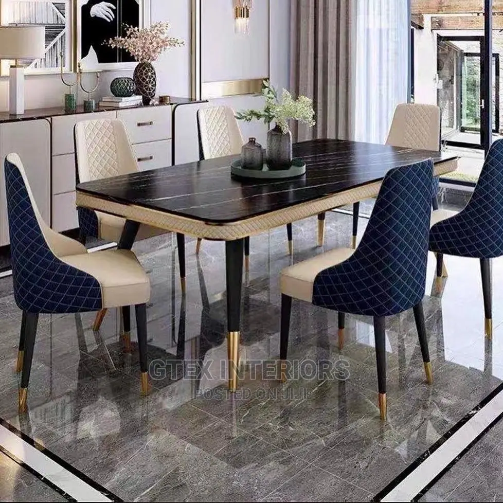 Modern 6 Seater Marble Top Dining Table Set.