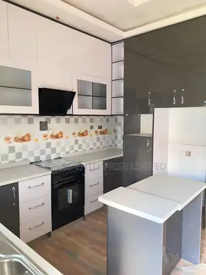 Grey White L-Shape Full Height Kitchen Cabinet + Glass Doors