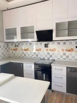 Grey White L-Shape Full Height Kitchen Cabinet + Glass Doors