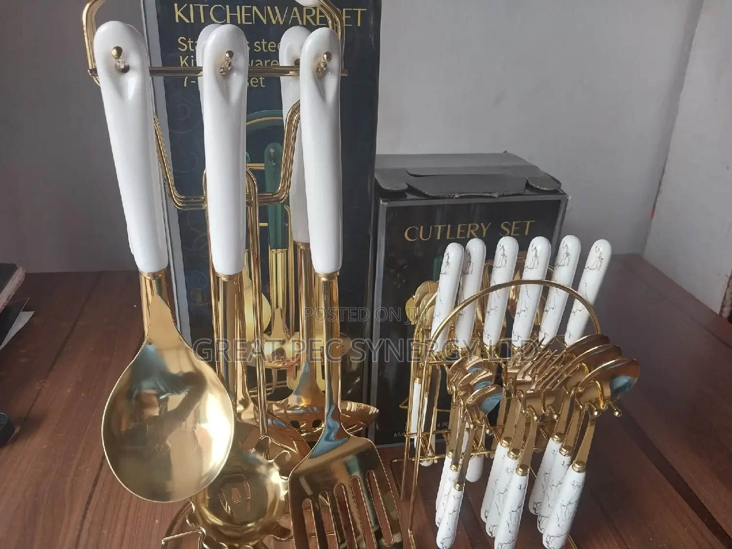 Golden Cookware Set and Cutlery Set.