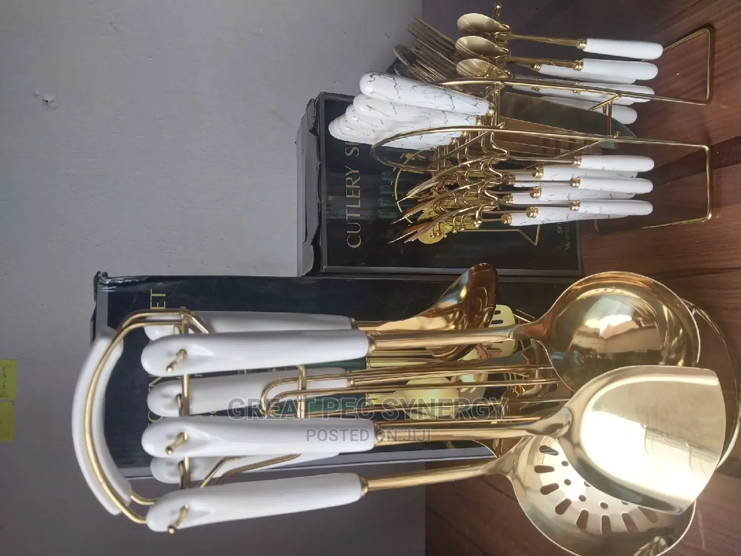 Golden Cookware Set and Cutlery Set.