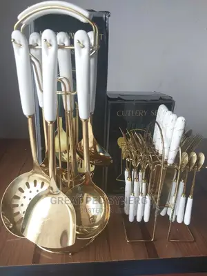 Golden Cookware Set and Cutlery Set.
