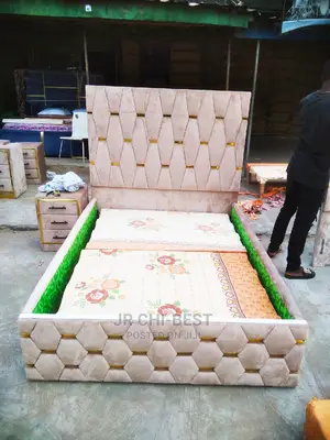 Classic Upholstery Padded 4.5 by 6 Wooden Bed Frame With a Bedside