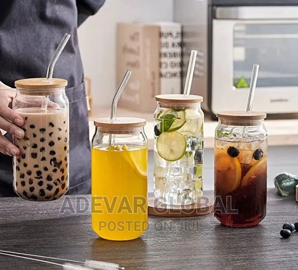 Coffee Mug Glass Cup With Bamboo Lid And Straw Transparent
