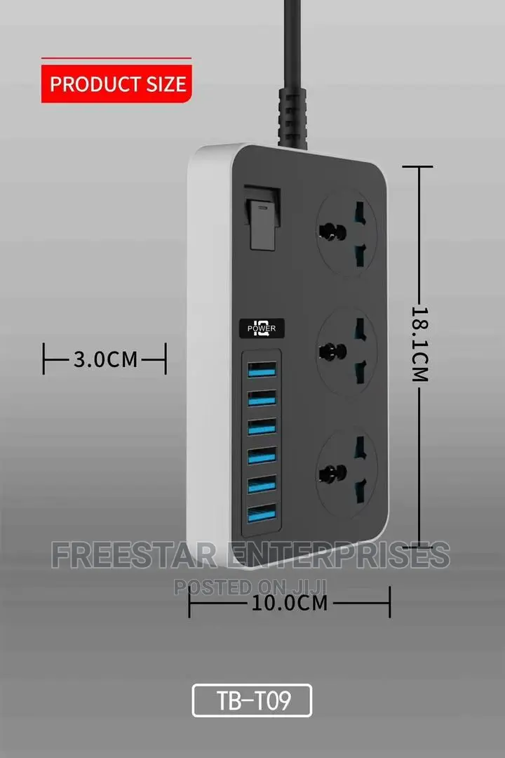 POWER 6 USB 3 Socket Electric Extension. Power Socket.