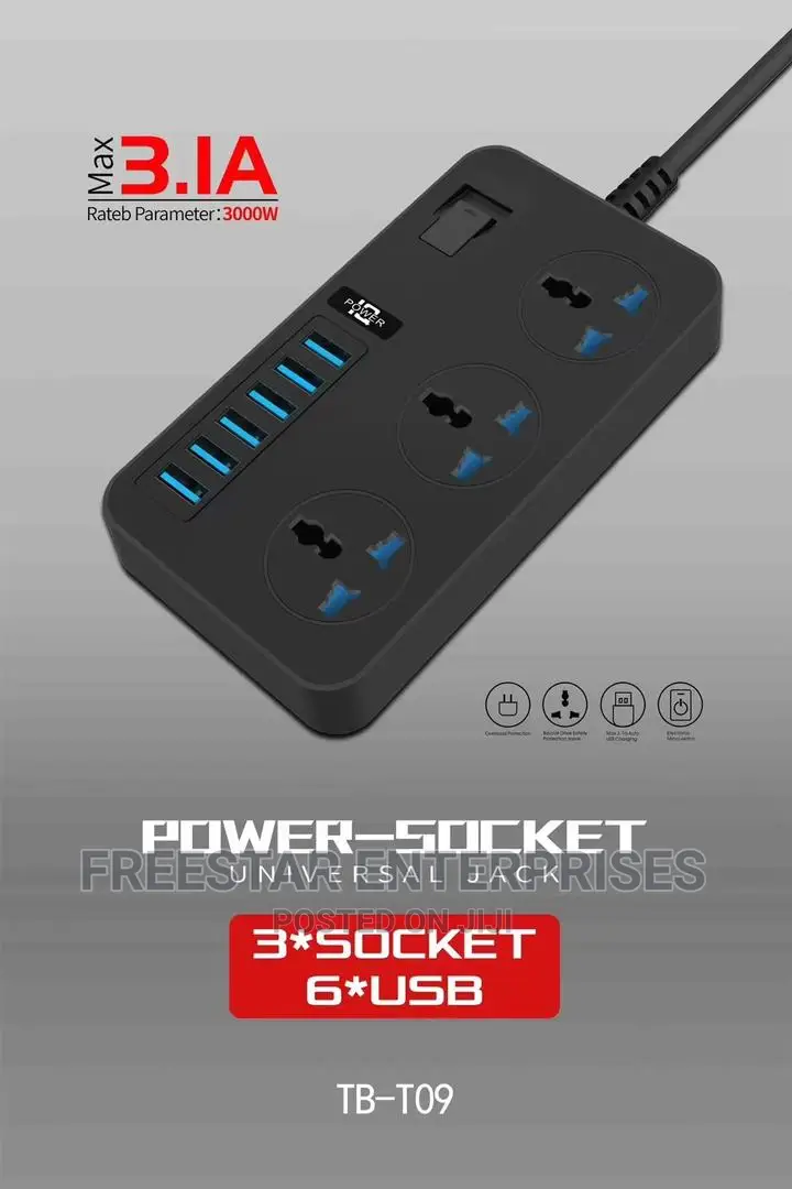 POWER 6 USB 3 Socket Electric Extension. Power Socket.