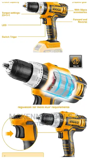 INGCO 20V Cordless Impact Drill, 23+1+1,55nm,2-speed Gear