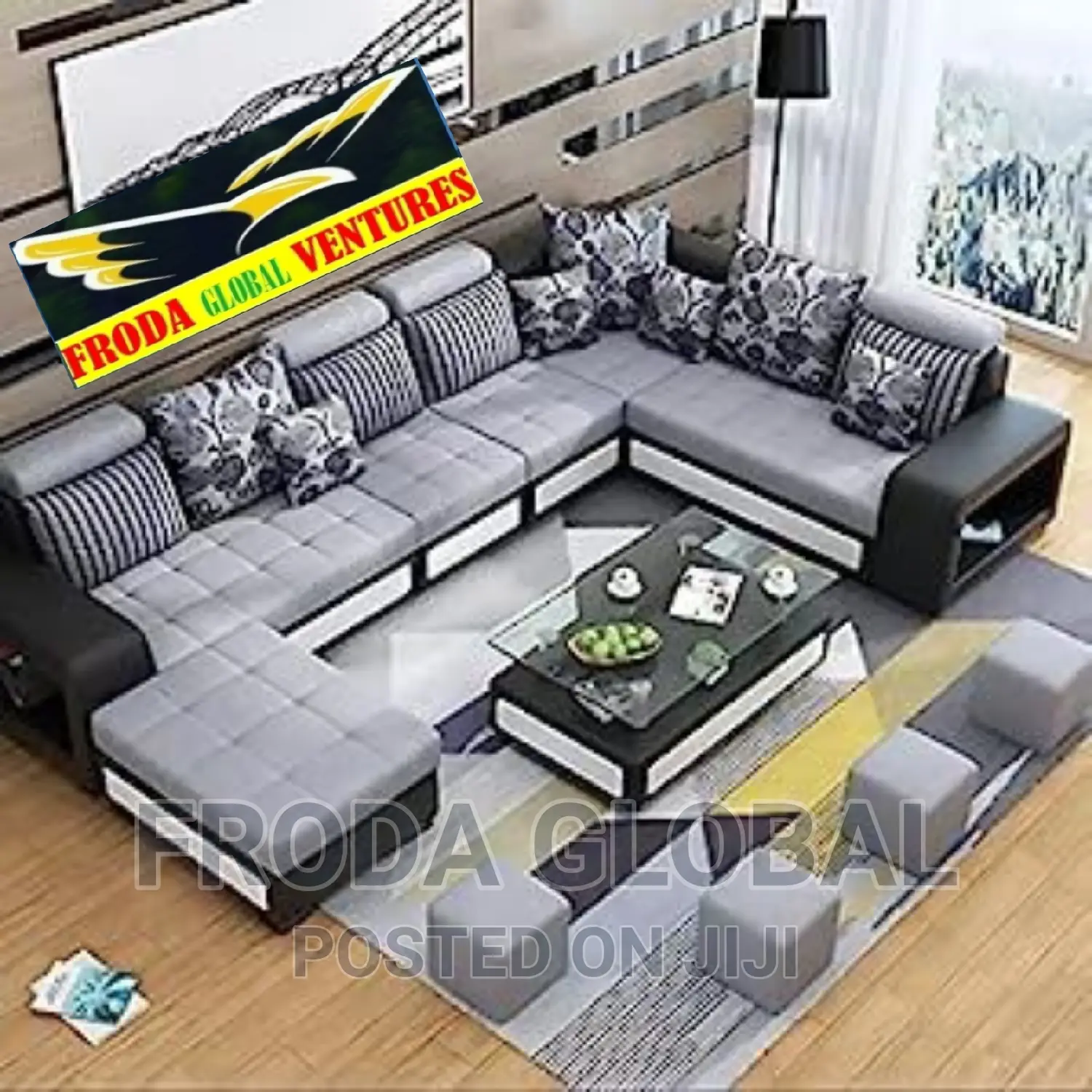 U-Shape Sofa Chairs With Table and Stools. Fabric Couches. Log06