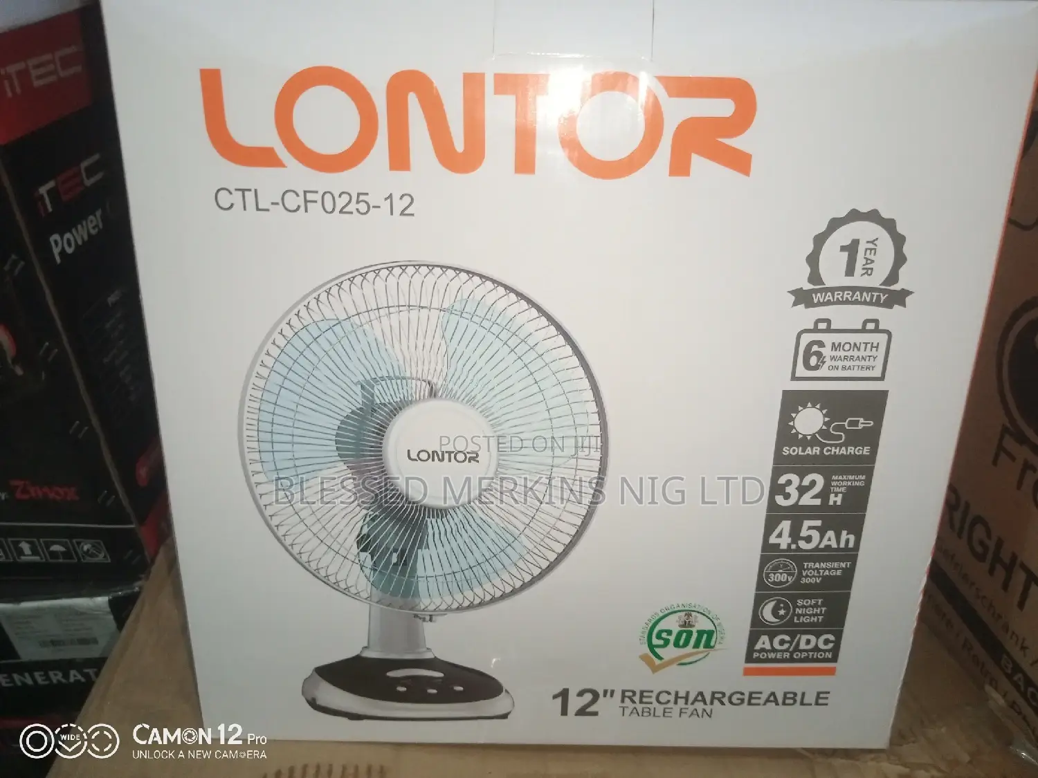 Lontor Rechargeable Table Fan 12"