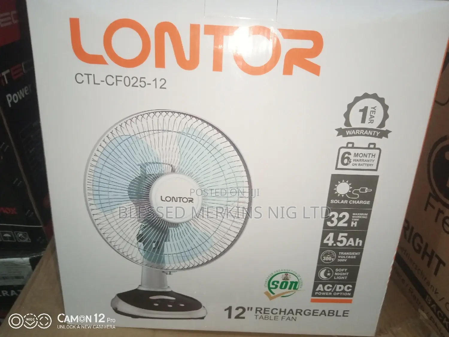 Lontor Rechargeable Table Fan 12"