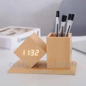 Wooden Led Alarm Clock With Pen Holder.