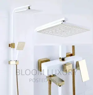 Gold+White Luxury Rainfall Surface Shower, Brass Engine