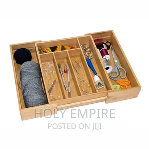 Expandable Bamboo Cutlery Drawer Storage Box 7 Partitioned