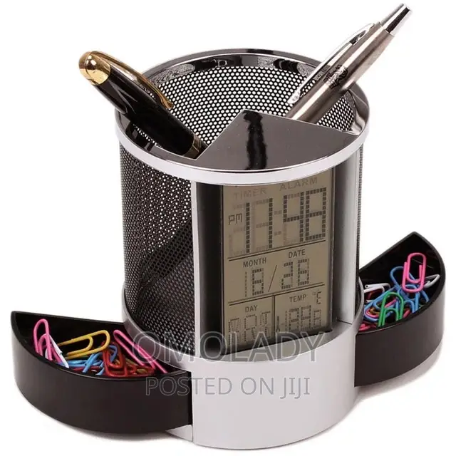 Multifunction Digital LCD Alarm Clock Mesh Pen Holder