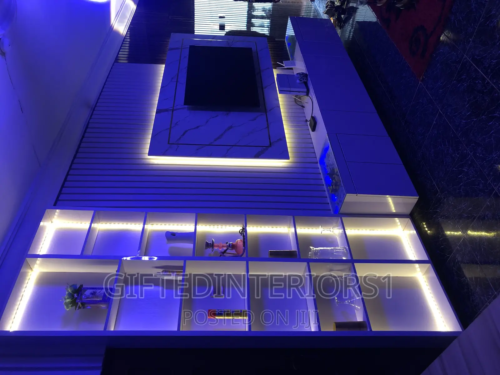 High Glossy Tv Console With Wall Cladding and LED Lights