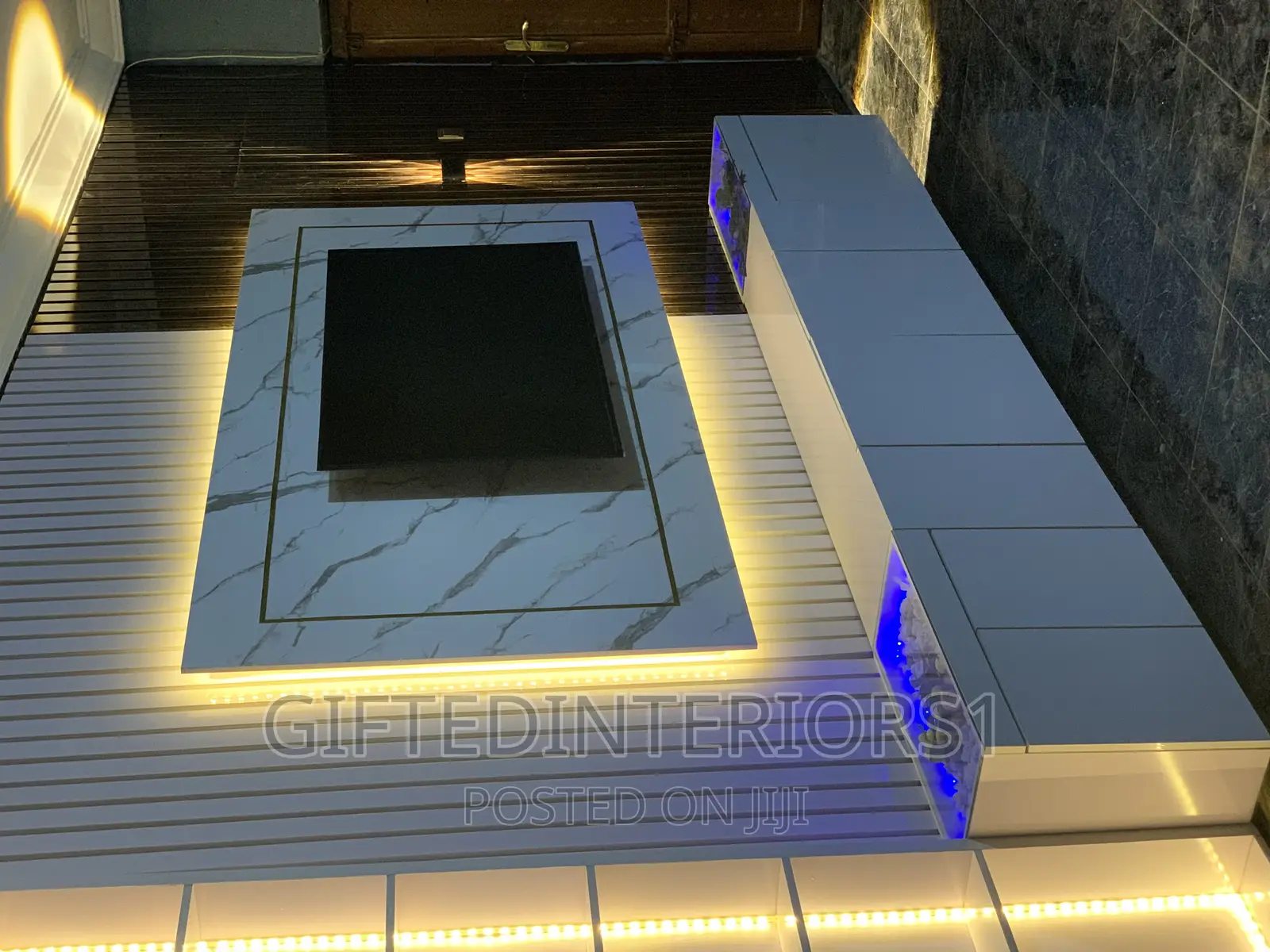 High Glossy Tv Console With Wall Cladding and LED Lights