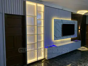 High Glossy Tv Console With Wall Cladding and LED Lights