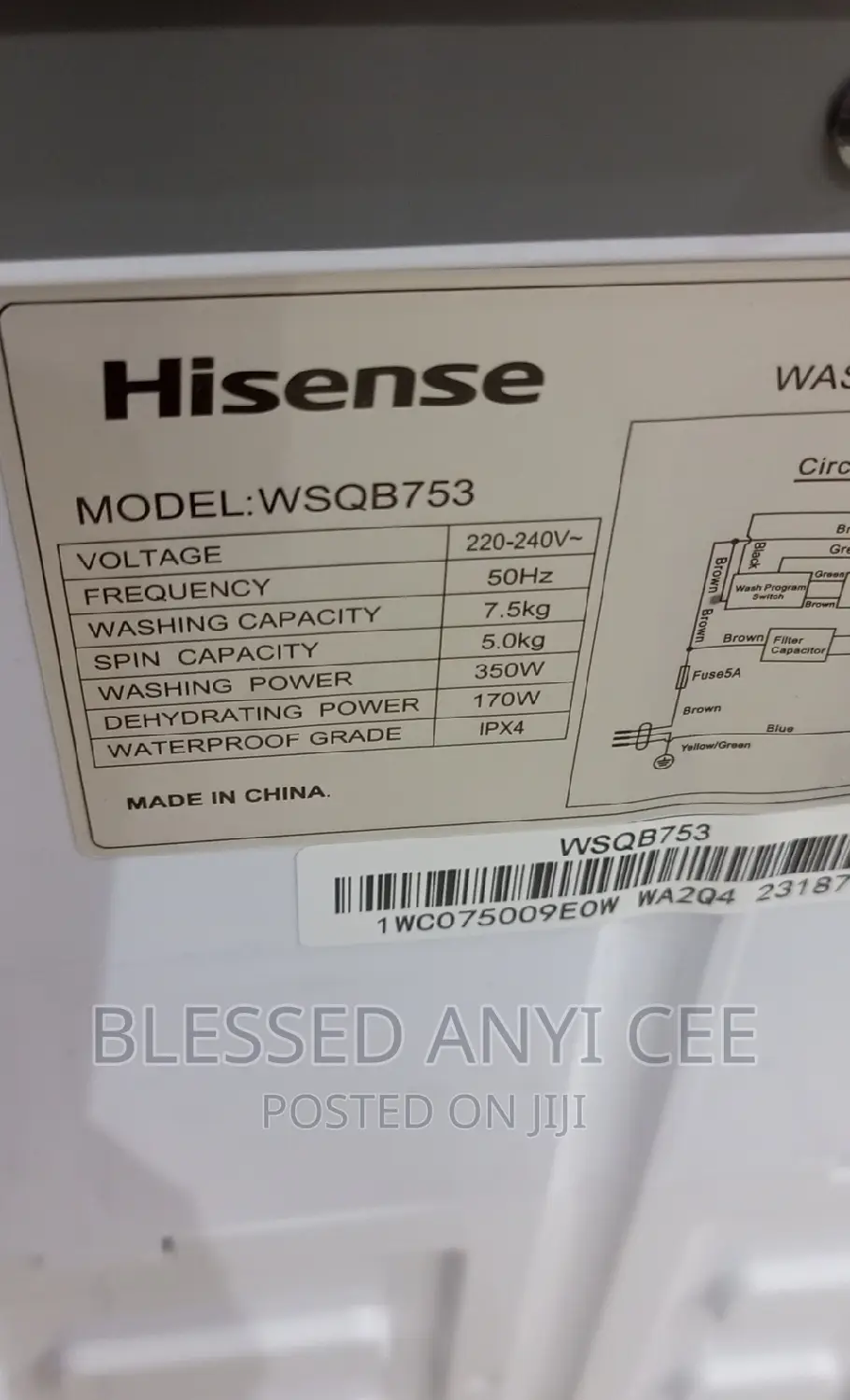 Original Hisense 7.5kg Top Loader Washing Machine (Manual)