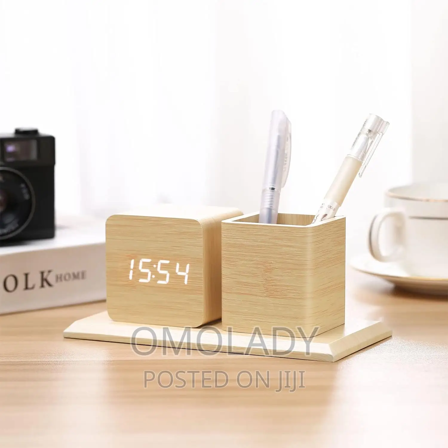 Wooden Digital Clock With Pen Holder