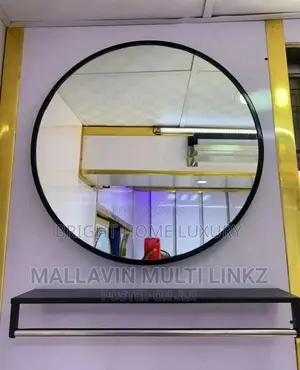 Black Frame Round Mirror With Shelf