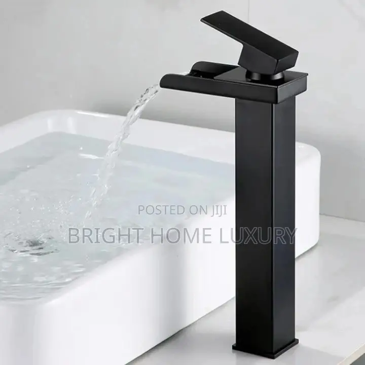 Black Long Half-Cut Waterfall Basin Mixer Tap