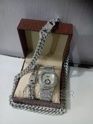 18" Iced Cuban Silver Neck Hand Chain With Wrist Watch