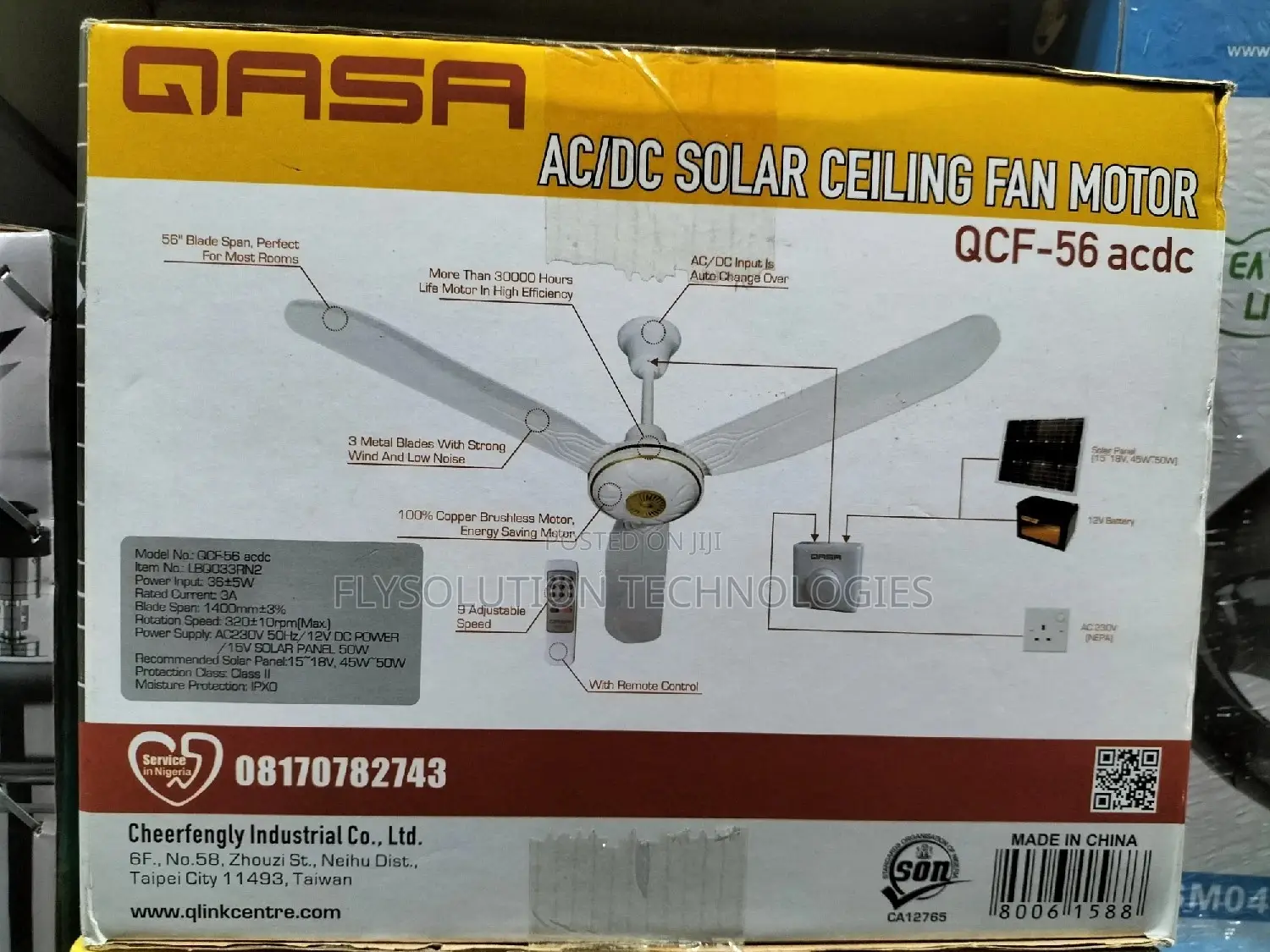 QASA AC/DC Solar Ceiling Fan + Remote