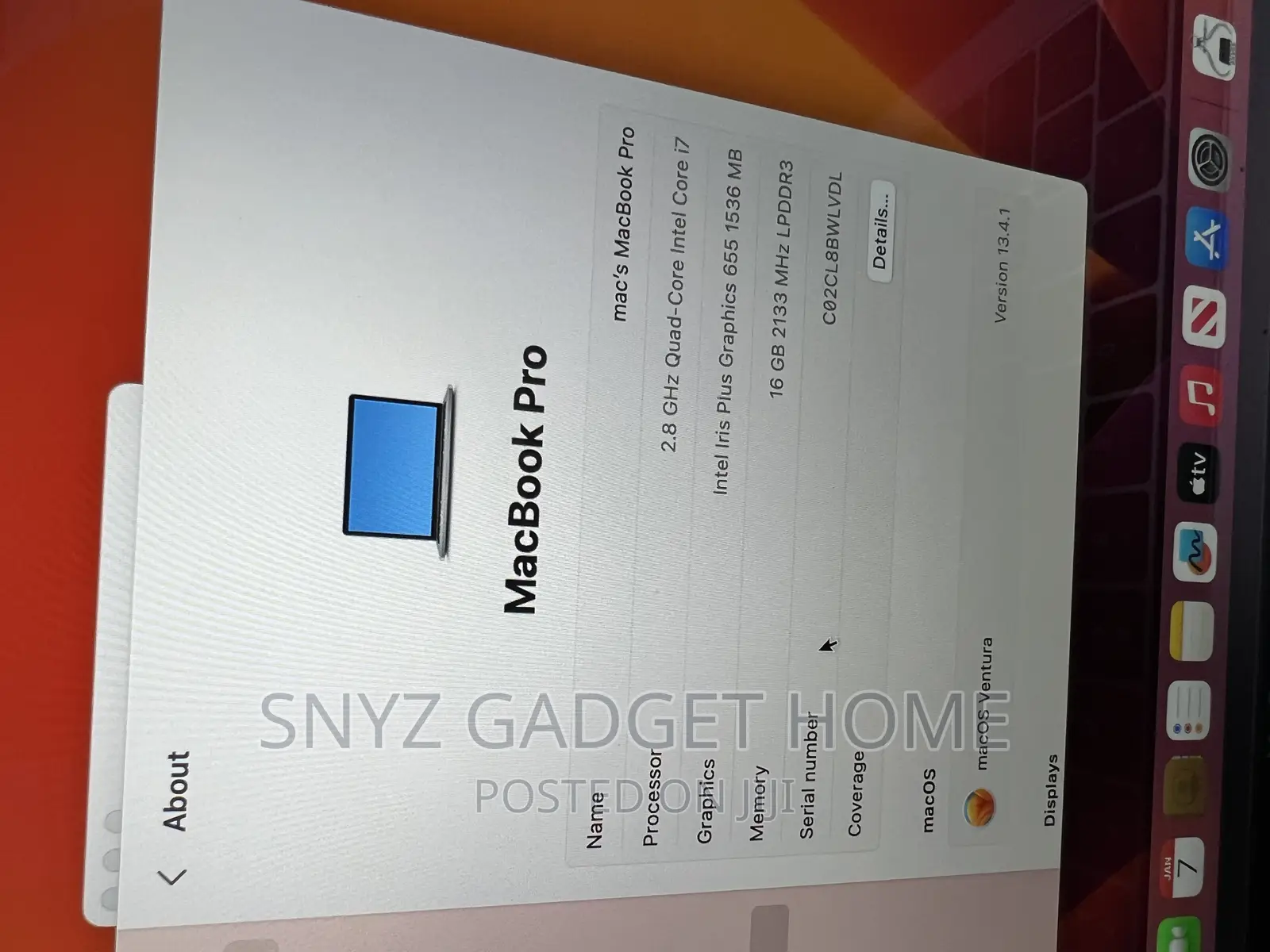 Laptop Apple MacBook Pro 2019 16GB Intel Core i7 SSD 512GB