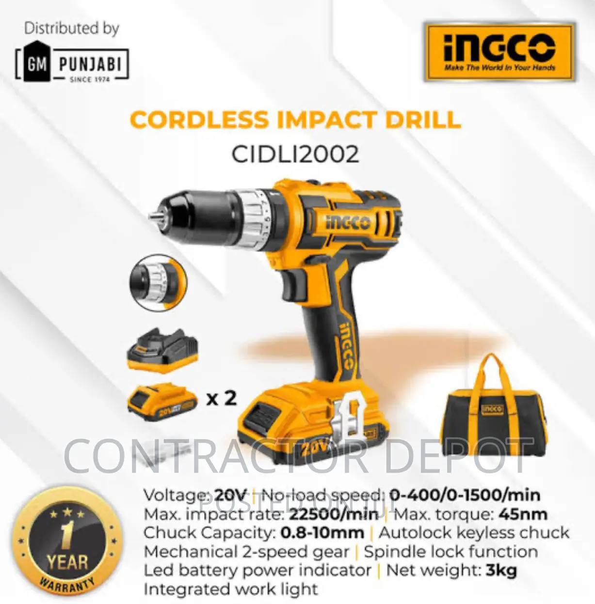 CIDLI2002 INGCO Fast Charging Cordless Impact Drill 20V