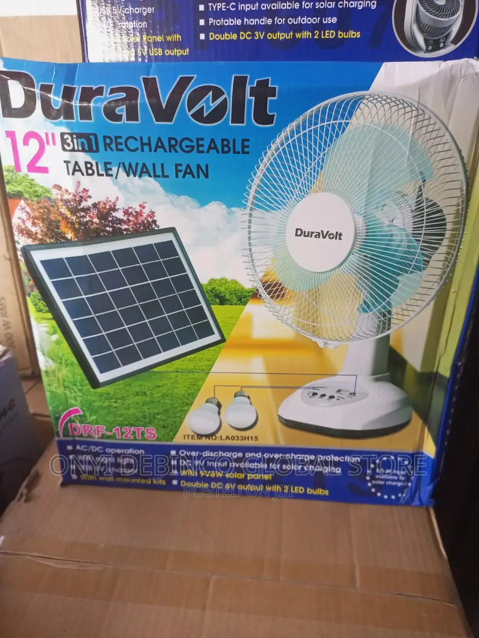 Duravolt Rechargeable Table Fan With Solar Panel and 2 Bulbs