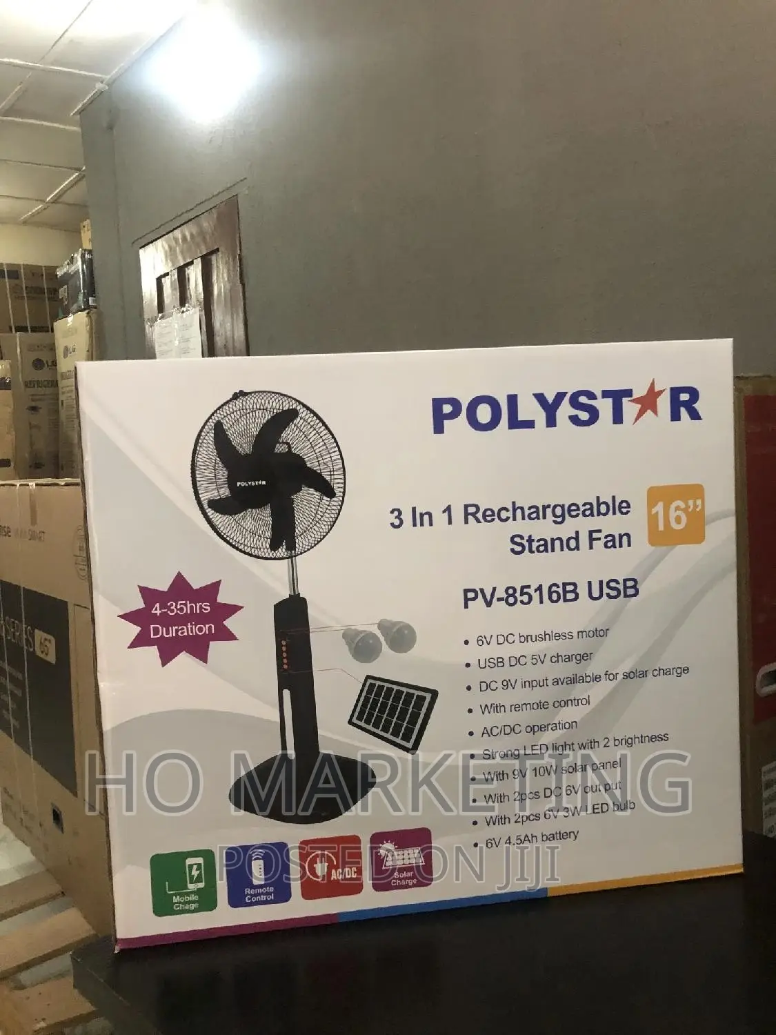 Polystar 16" Rechargeable Fan (Remote,Solar Led Light)