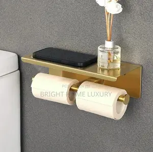Gold Double Wall Mount Toilet Roll Tissue Holder With Shelf