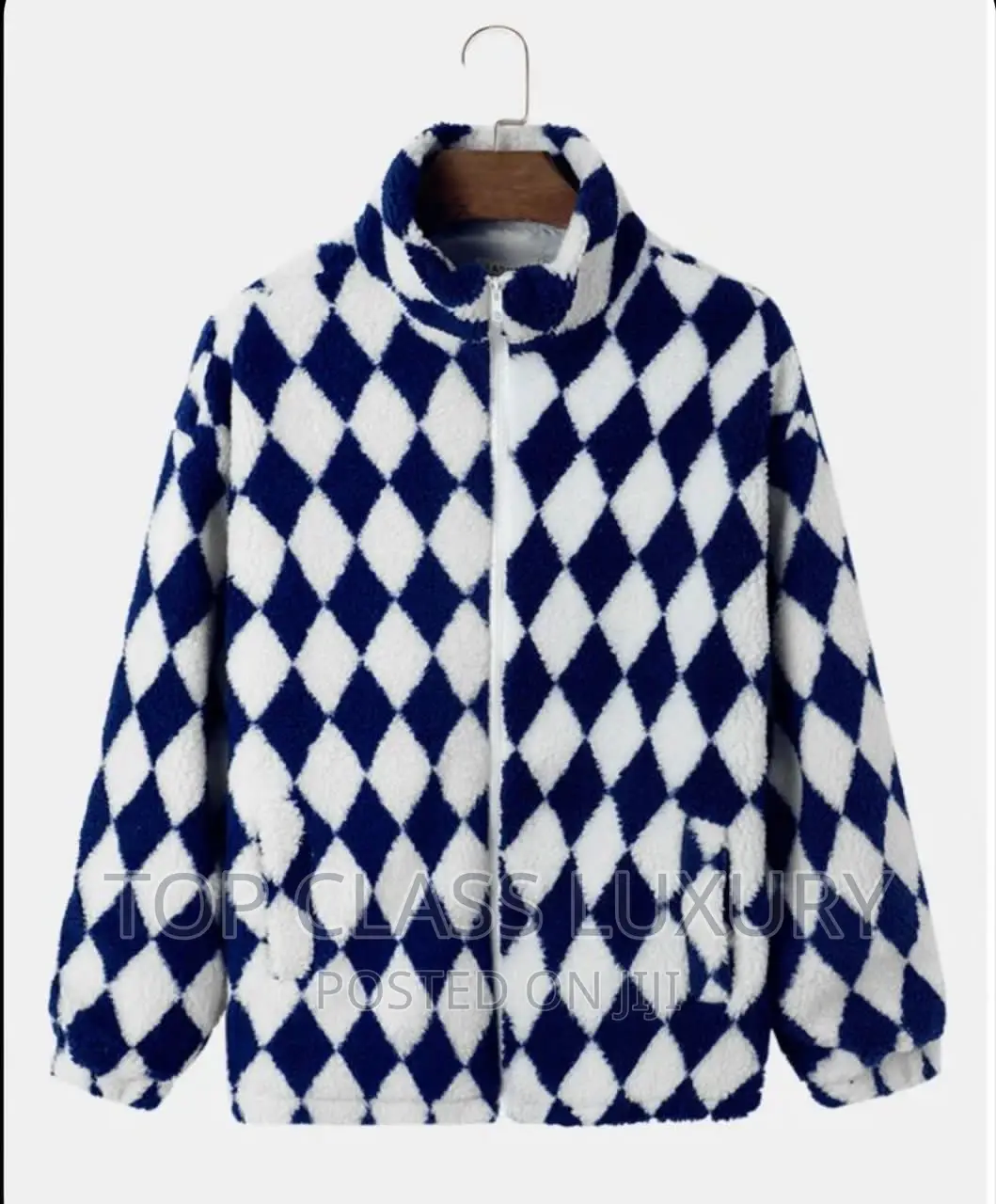 Argyle Pattern Zip-Up Stand Collar Fleece Plush Jacket