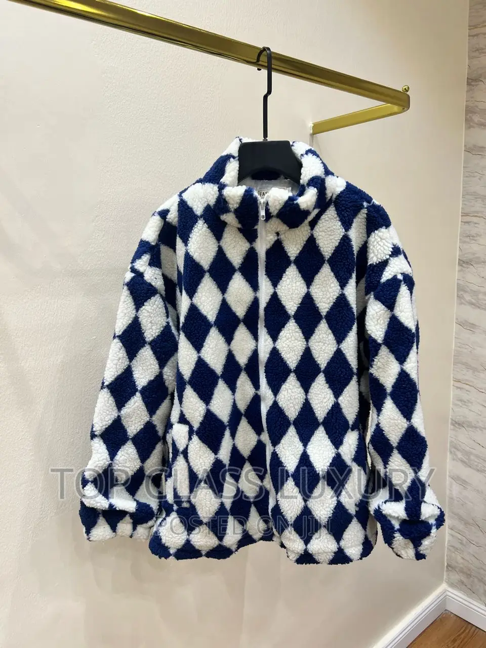 Argyle Pattern Zip-Up Stand Collar Fleece Plush Jacket