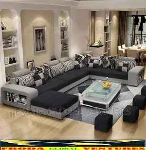 Set of U-Shape Sofa Chairs With Pillows, Table, Side Stools. Asg03