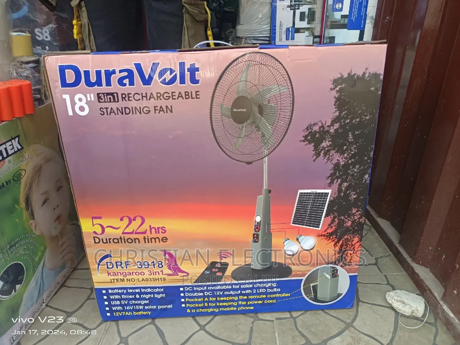 Duravolt 18" Ac/Dc Rechargeable Fan With Solar Panel 2bulbs