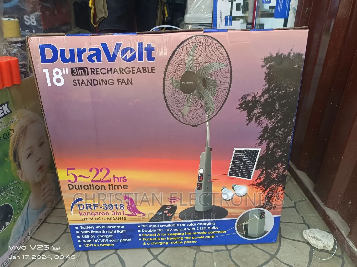 Duravolt 18" Ac/Dc Rechargeable Fan With Solar Panel 2bulbs