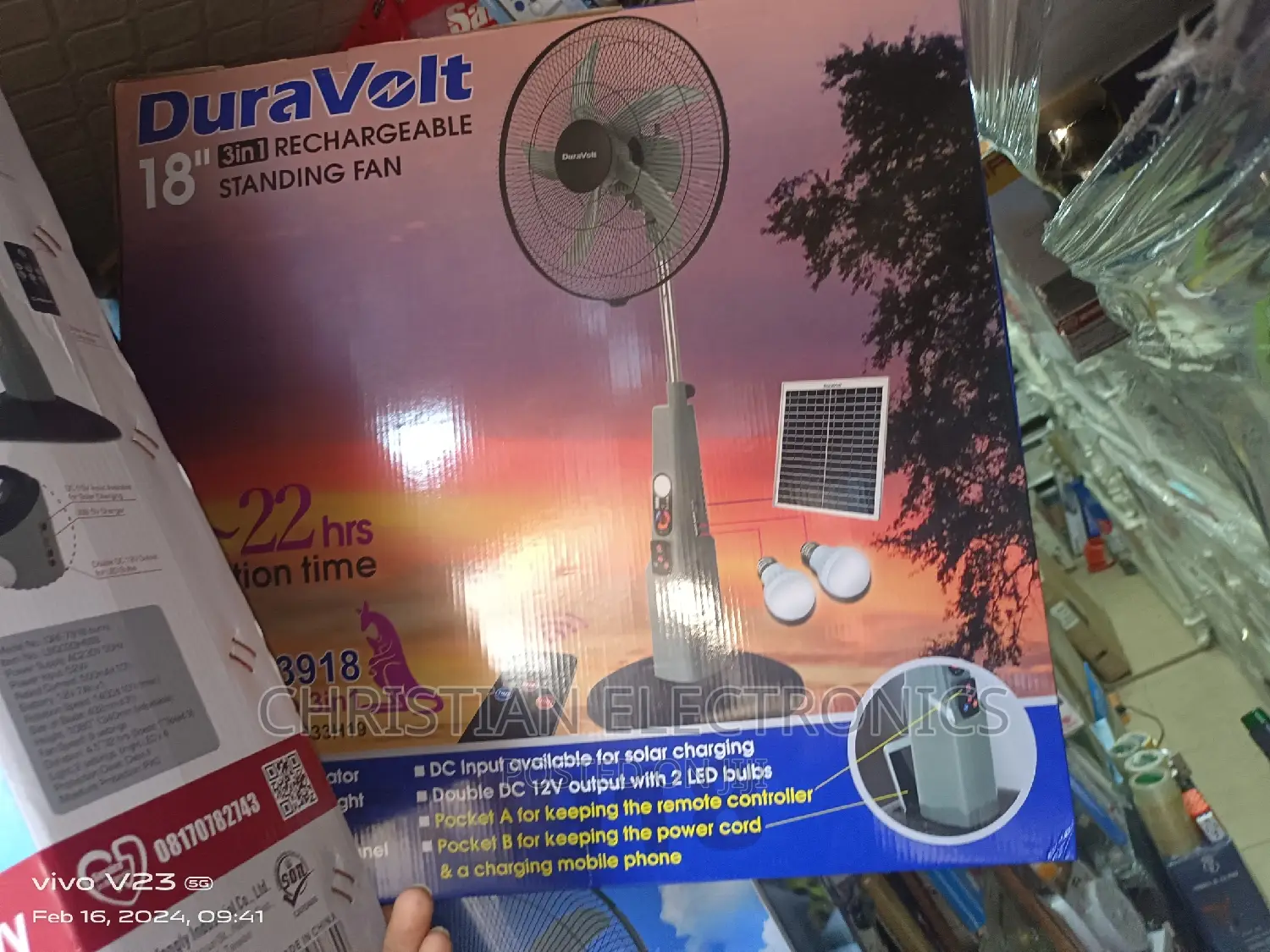 Duravolt 18" Ac/Dc Rechargeable Fan With Solar Panel 2bulbs