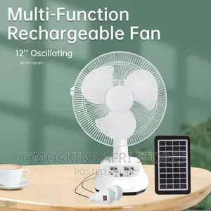 12" Solar Rechargable Fan With Two LED Bulbs  Kap