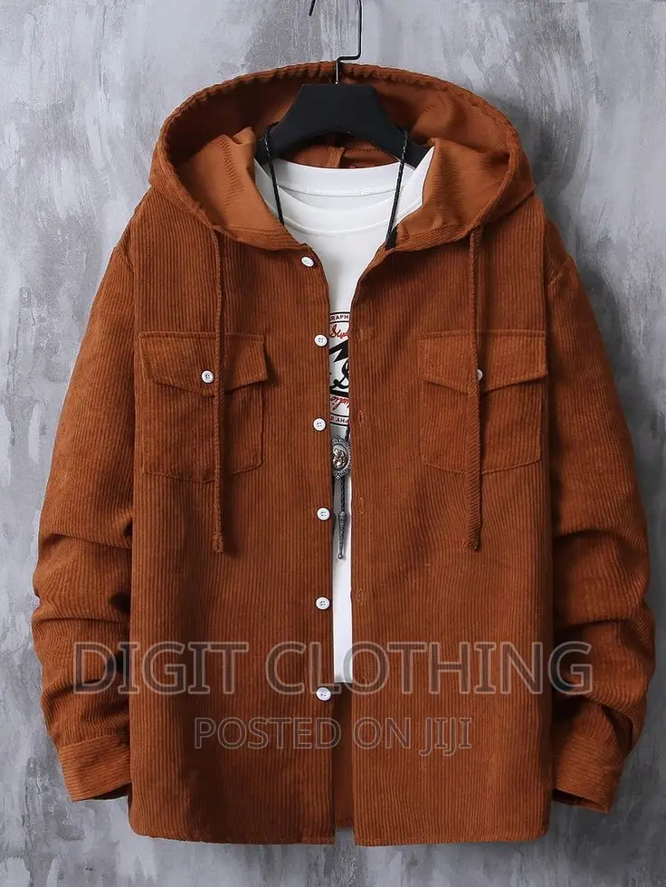 Guys Solid Button Front Pocket Drawstrings Corduroy Shirt