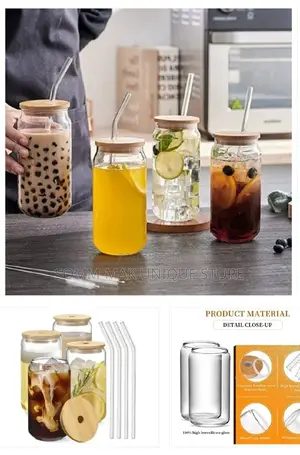 Coffee Mug Glass Cup With Bamboo Lid and Straw