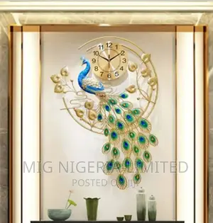Peacock Wall Clock Design With Torch Blue Gold Decor