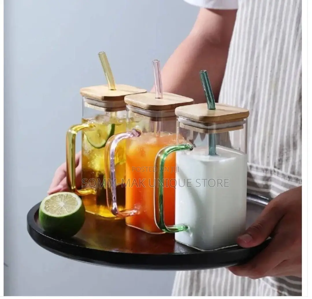 Square Glasses Cup With Bamboo Lid and Straw Colored Handle
