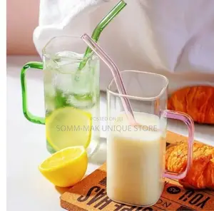 Square Glasses Cup With Bamboo Lid and Straw Colored Handle