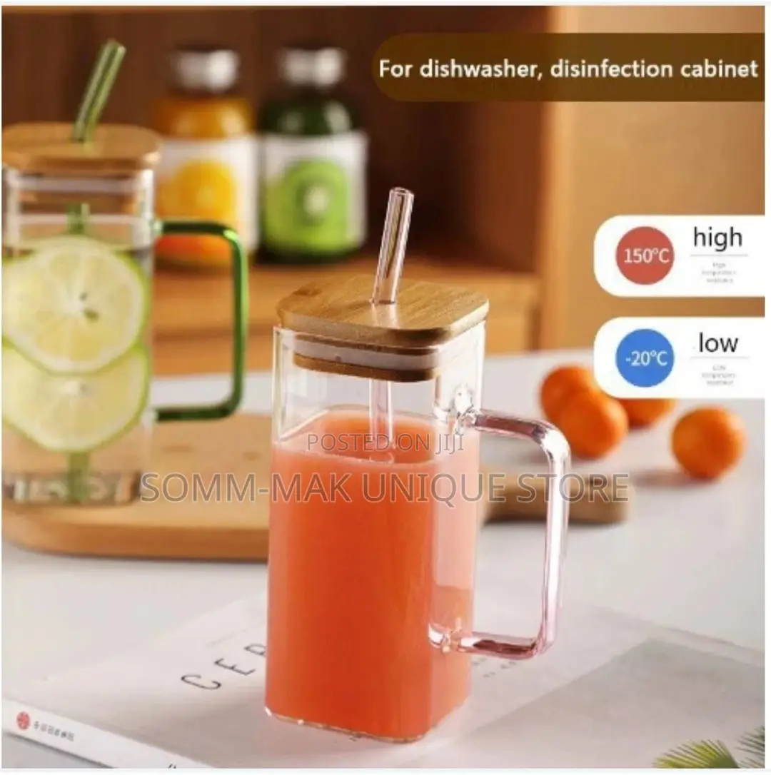 Square Glasses Cup With Bamboo Lid and Straw Colored Handle
