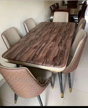 Classic 6 Seaters Foreign Marble Dining Set, Brown Colour