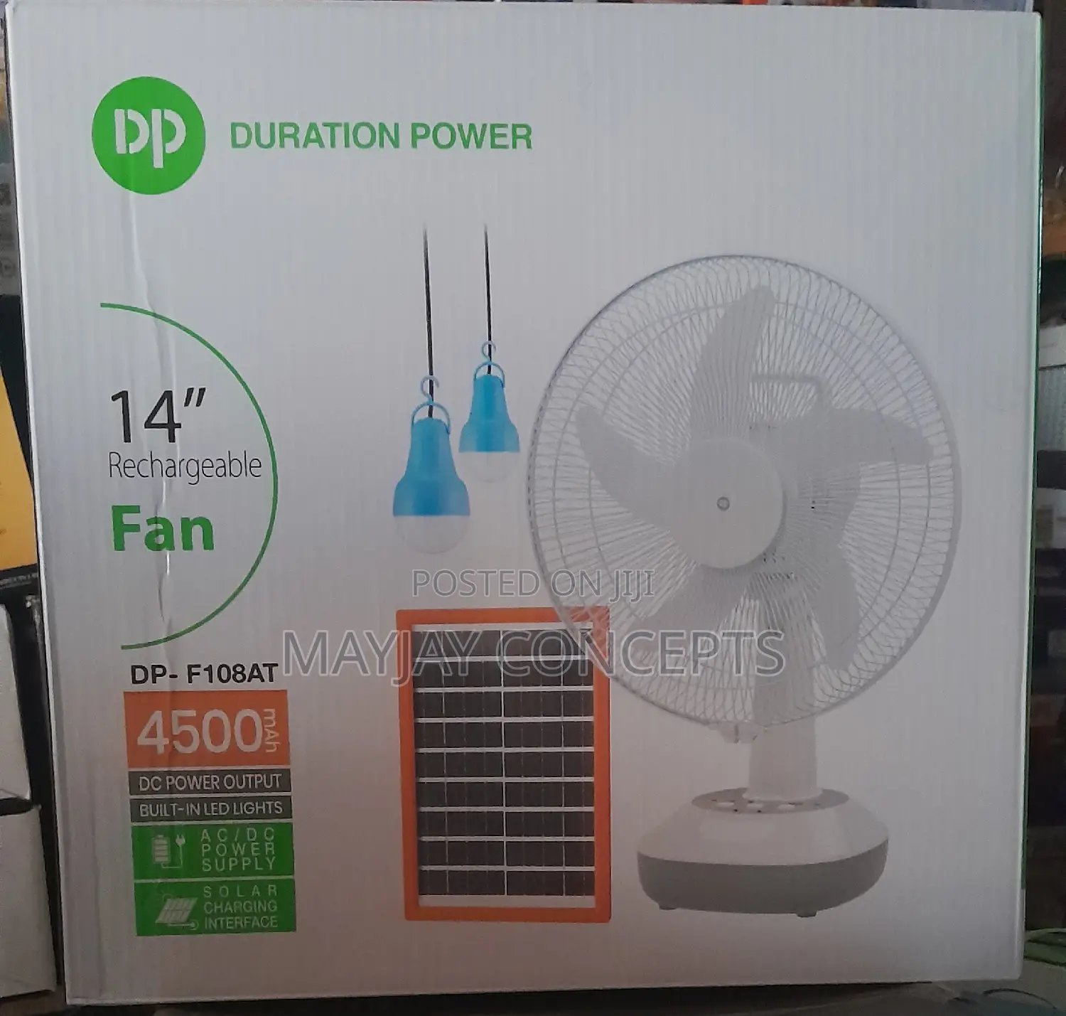 14" 3-in-1 DP Solar Rechargeable Fan-2bulbs Solar Panel