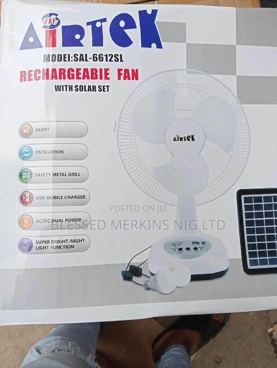 Airtek 12" Table Fan Rechargeable With Solar Panel